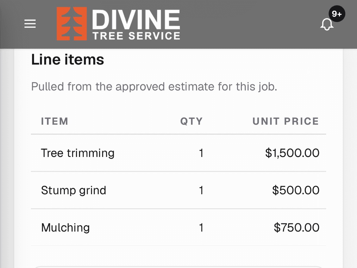 A working prototype of a job sheet on a phone, each line item listed with its quantity and unit price beneath a tree service company’s own branding.