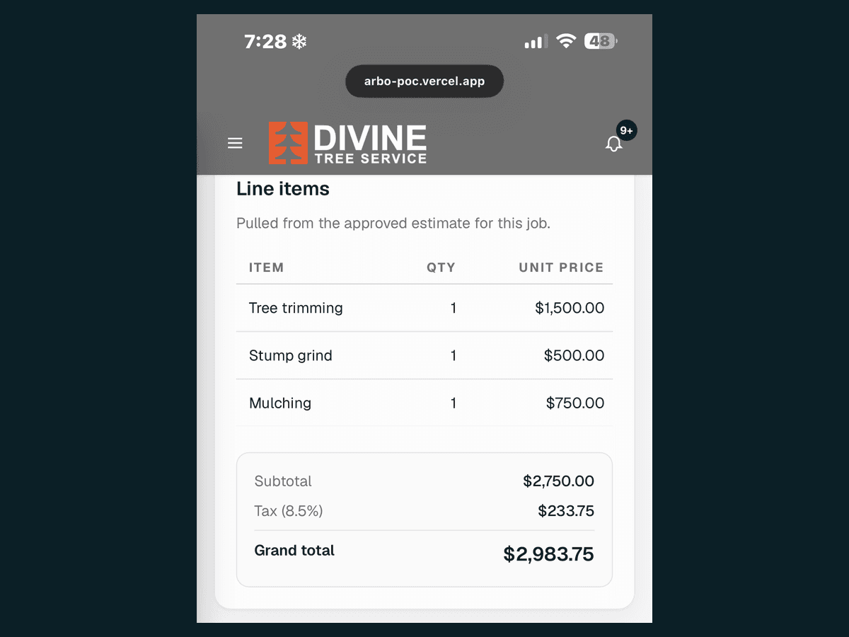A prototype job screen in a phone browser, listing the priced work for one job, each line with a quantity and a rate above a running total.